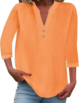 3/4 Sleeve Linen Tops for Women 2025 Summer Loose Fit V Neck Button Down Henley Shirts Solid Beach Vacation Blouses