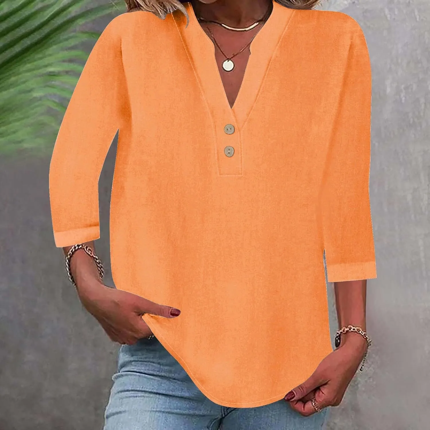 3/4 Sleeve Linen Tops for Women 2025 Summer Loose Fit V Neck Button Down Henley Shirts Solid Beach Vacation Blouses