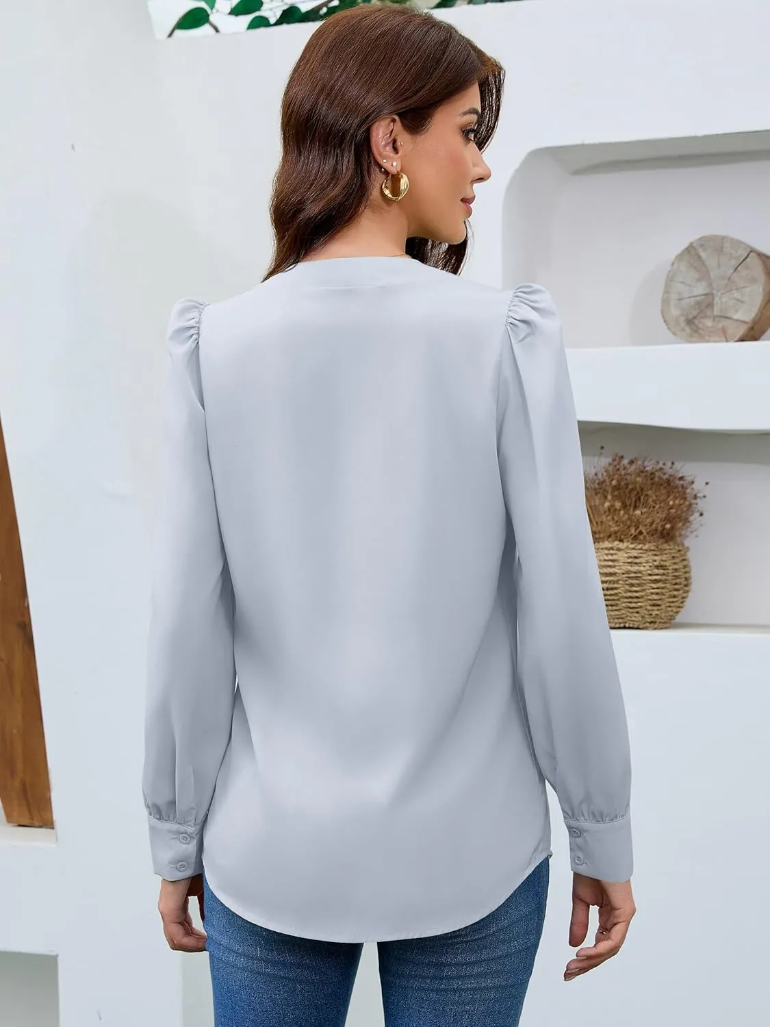 Blouses for Women Business Casual Tops Satin Silk V Neck Long Sleeve Button Down Shirts Work Blouses