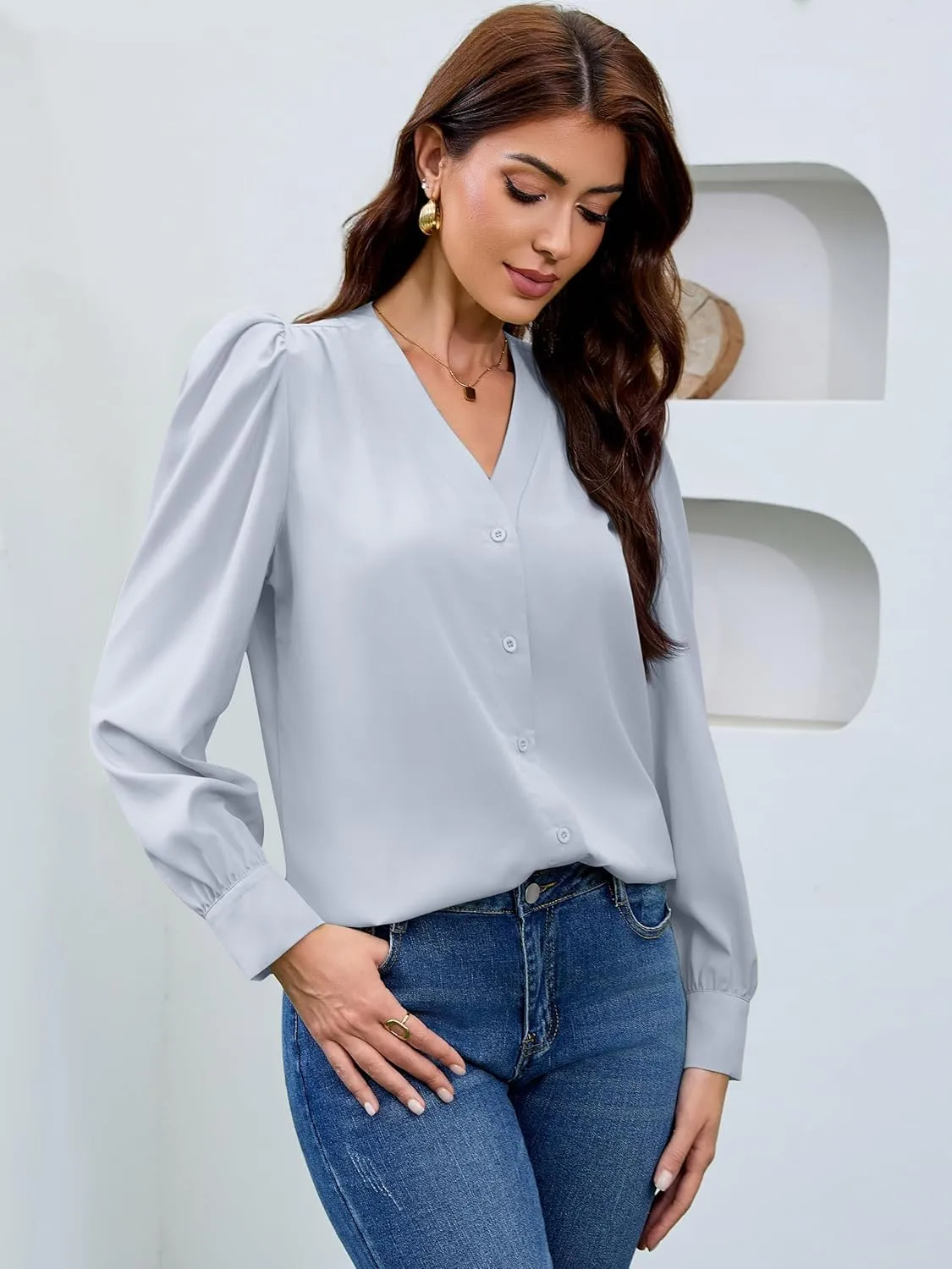Blouses for Women Business Casual Tops Satin Silk V Neck Long Sleeve Button Down Shirts Work Blouses