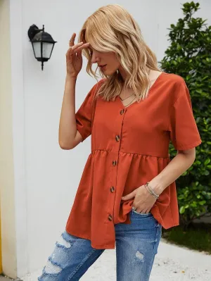 Button Up Solid Peplum Blouse