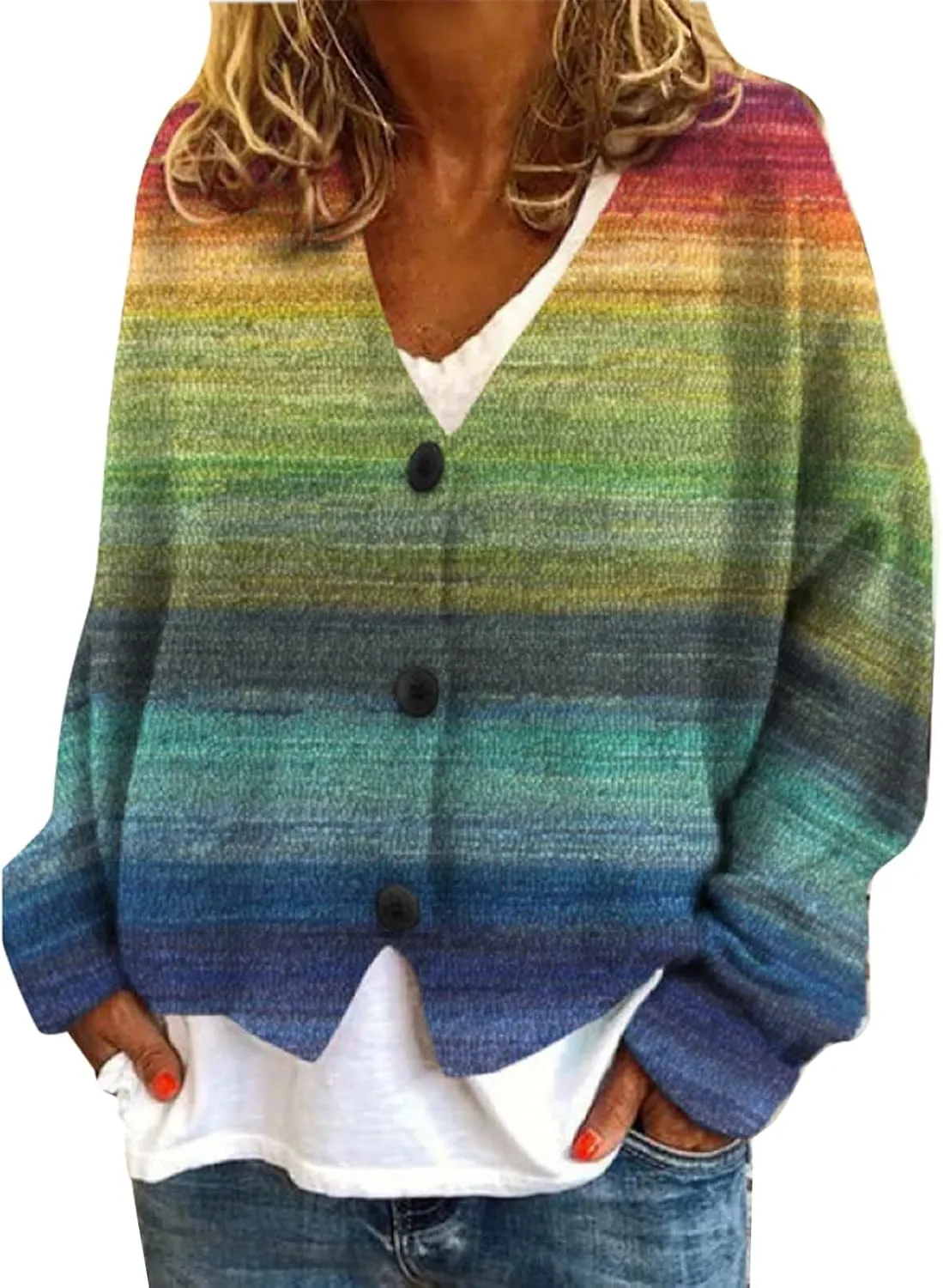 Cardigan Sweaters for Women Fall Casual Floral Printed Long Sleeve Button V-Neck Open Front Lightweight Loose Outwear