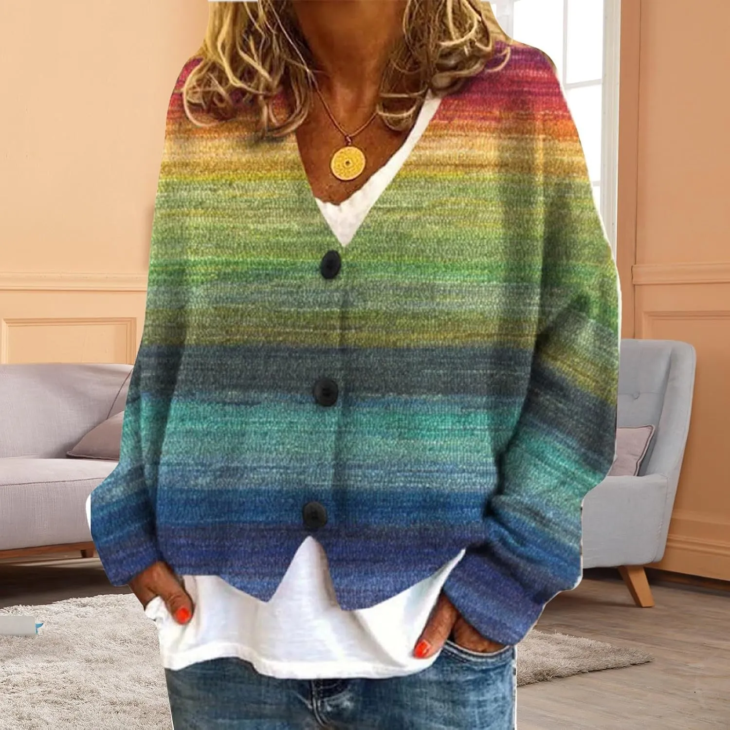 Cardigan Sweaters for Women Fall Casual Floral Printed Long Sleeve Button V-Neck Open Front Lightweight Loose Outwear