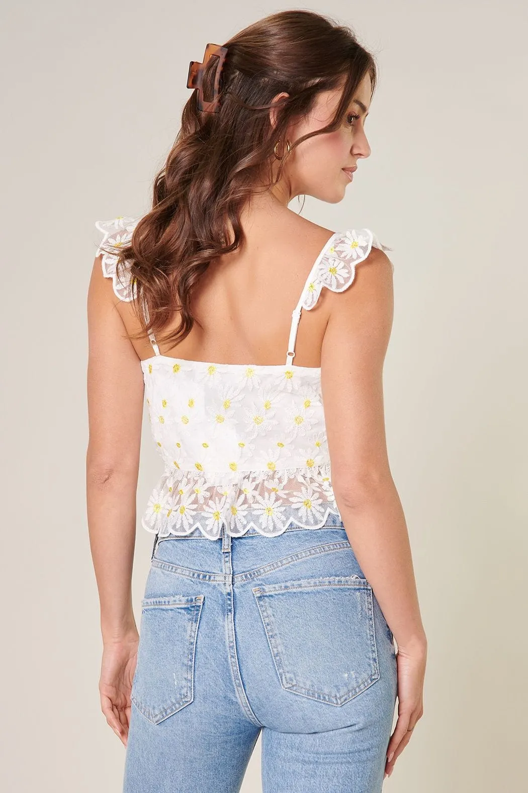 Cassiopeia Floral Ruffle Front Tie Lace Crop Top