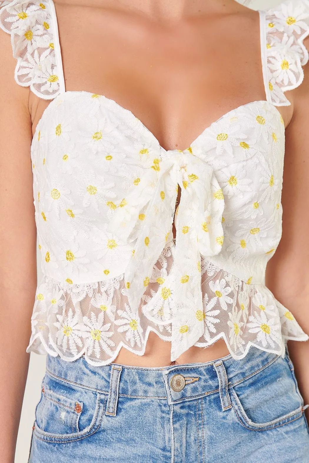 Cassiopeia Floral Ruffle Front Tie Lace Crop Top