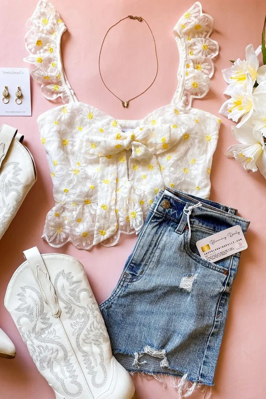 Cassiopeia Floral Ruffle Front Tie Lace Crop Top