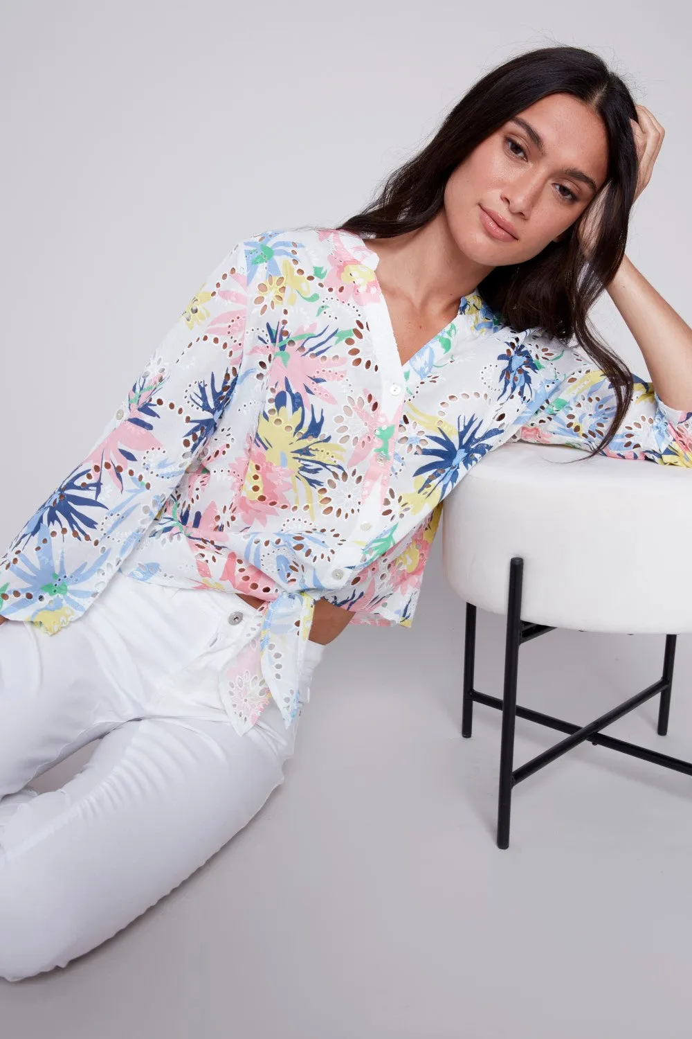 Charlie B Eyelet Embroidered Front Tie Cotton Blouse C4467RP-858B-P642 Poem