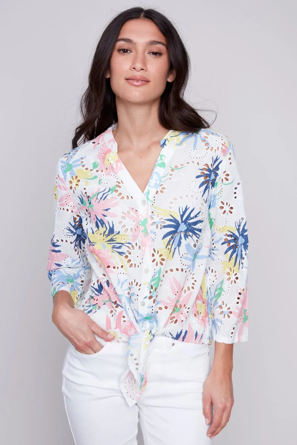 Charlie B Eyelet Embroidered Front Tie Cotton Blouse C4467RP-858B-P642 Poem