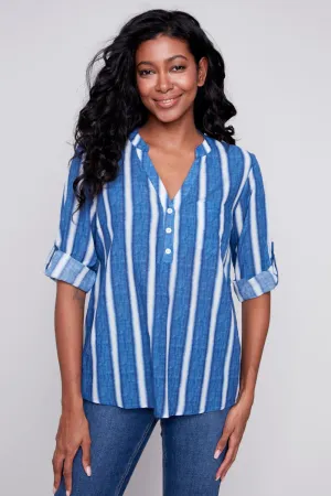 Charlie B Printed Half-Button Blouse C4188D-884B-P474 Stripes