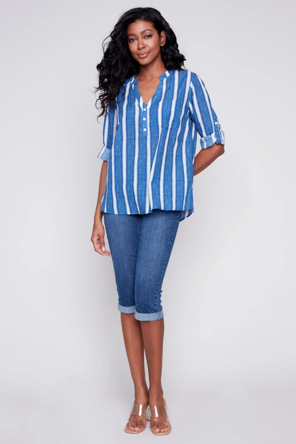 Charlie B Printed Half-Button Blouse C4188D-884B-P474 Stripes