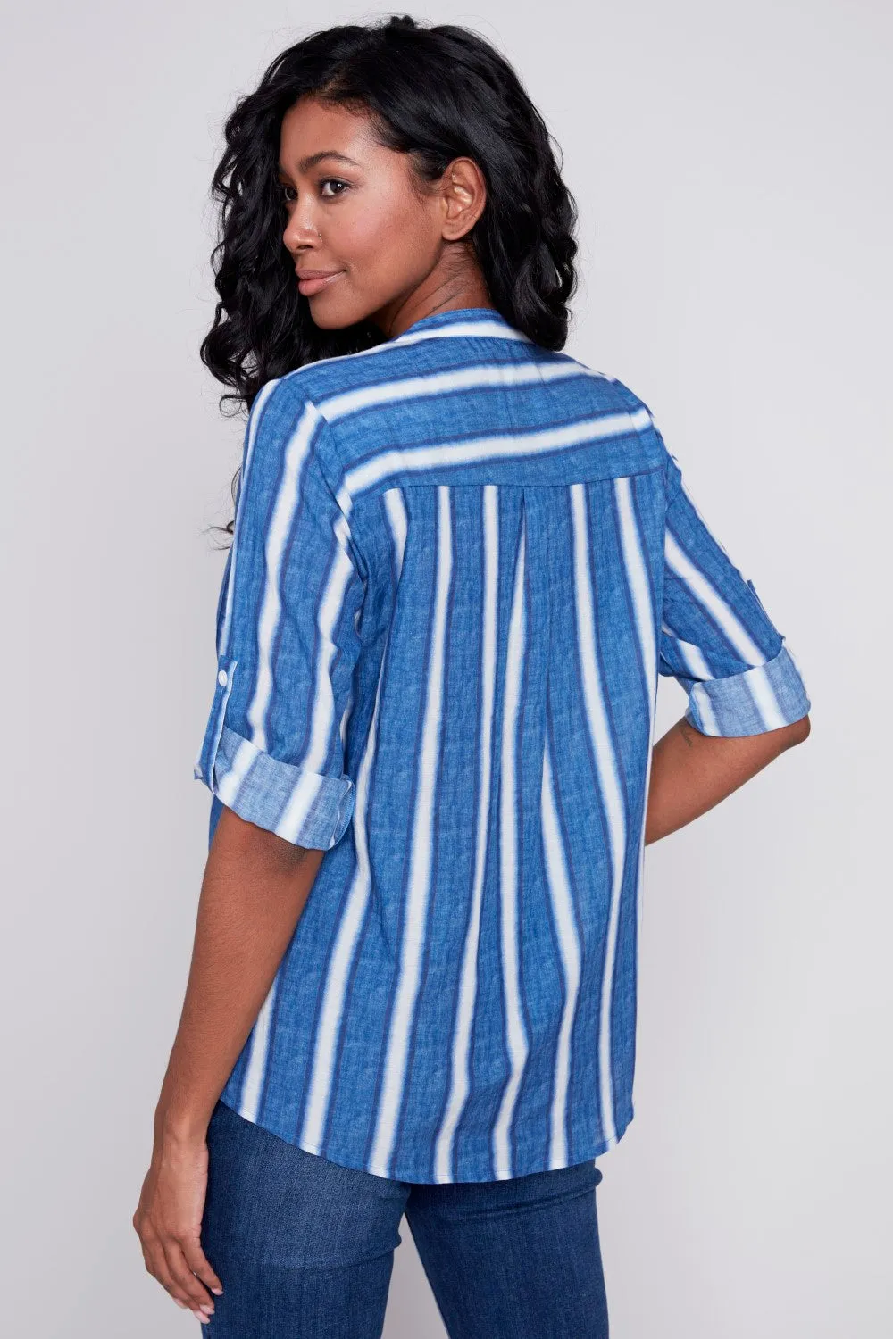 Charlie B Printed Half-Button Blouse C4188D-884B-P474 Stripes