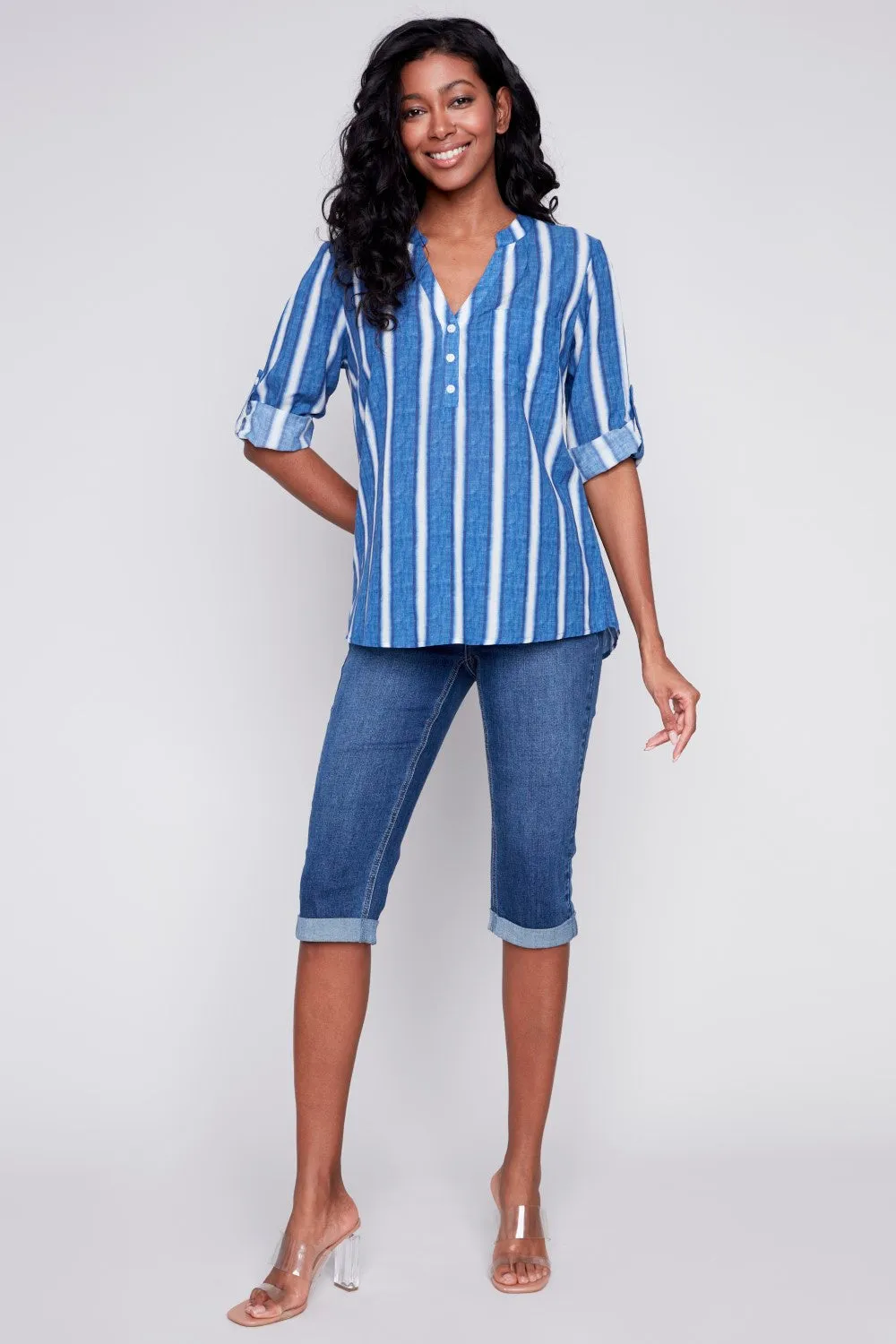 Charlie B Printed Half-Button Blouse C4188D-884B-P474 Stripes