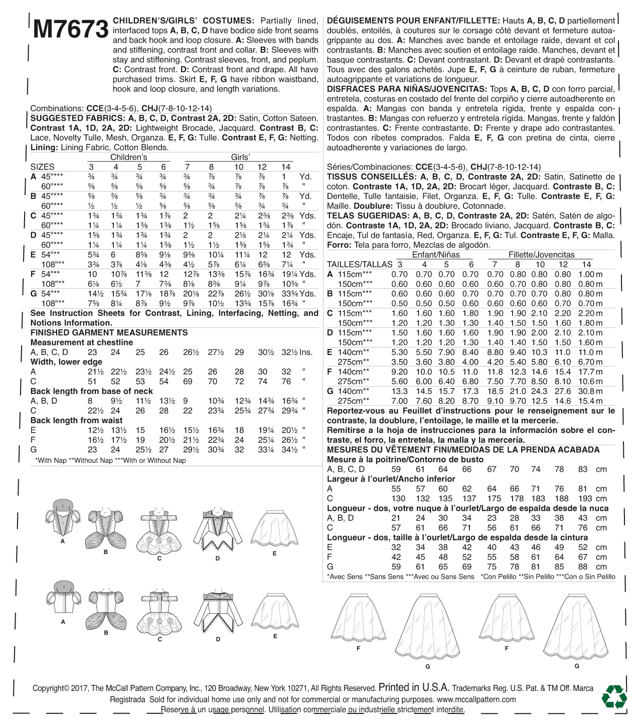 CLEARANCE • McCall's Pattern M7673 CHILD/GIRLS' PRINCESS COSTUMES