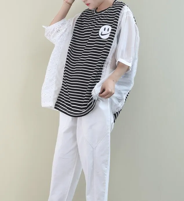 Color Block Loose Casual T-Shirts Summer Women Cotton Tops WG961707