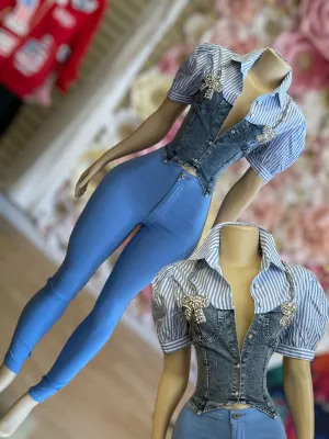 DENIM AND POPLIN BUTTON UP PUFFY SLEEVE BLOUSE