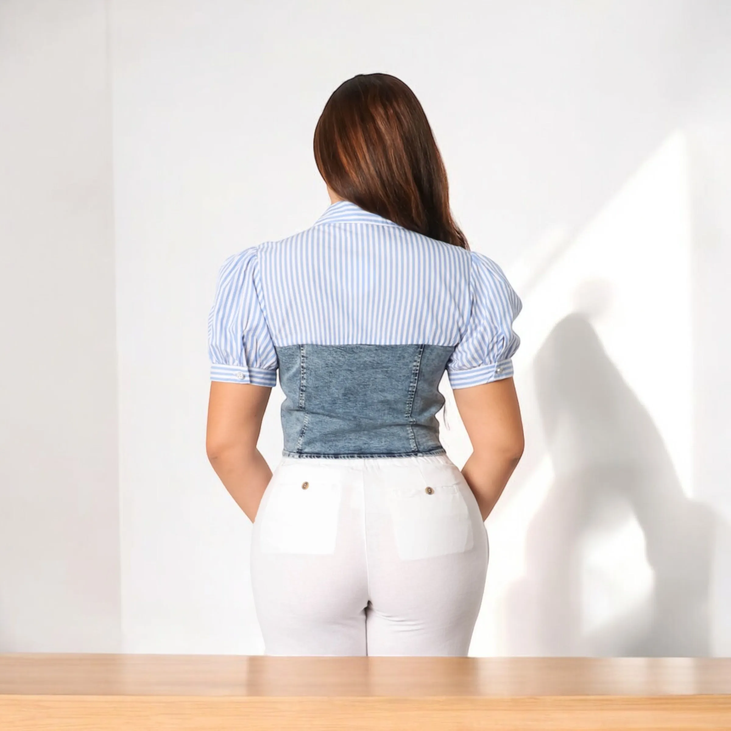 DENIM AND POPLIN BUTTON UP PUFFY SLEEVE BLOUSE