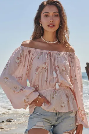Falling Flowers Swiss Dot Peplum Peasant Top