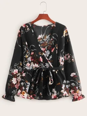Floral Print Belted Peplum Blouse