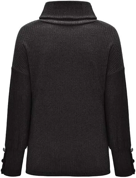 iLH Fall Sweater for Women Oversize Casual Knitted Sweaters Turtleneck Solid Button up Pullover Sweatshirt Jumper Tops