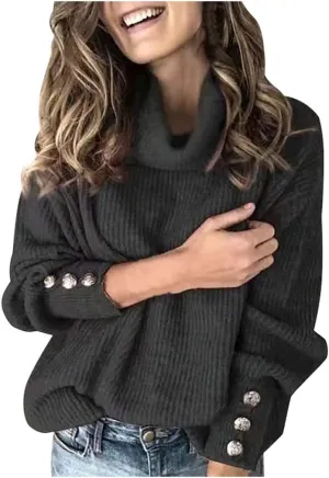 iLH Fall Sweater for Women Oversize Casual Knitted Sweaters Turtleneck Solid Button up Pullover Sweatshirt Jumper Tops