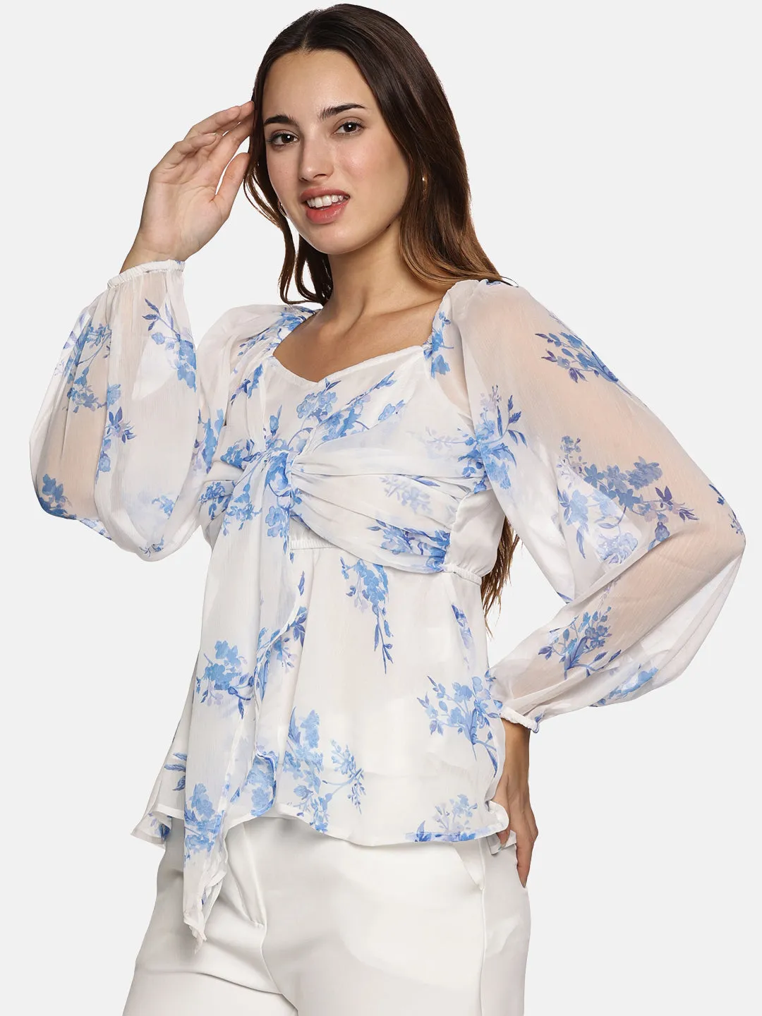 IS.U Floral White Front Tie Knot Peplum Top