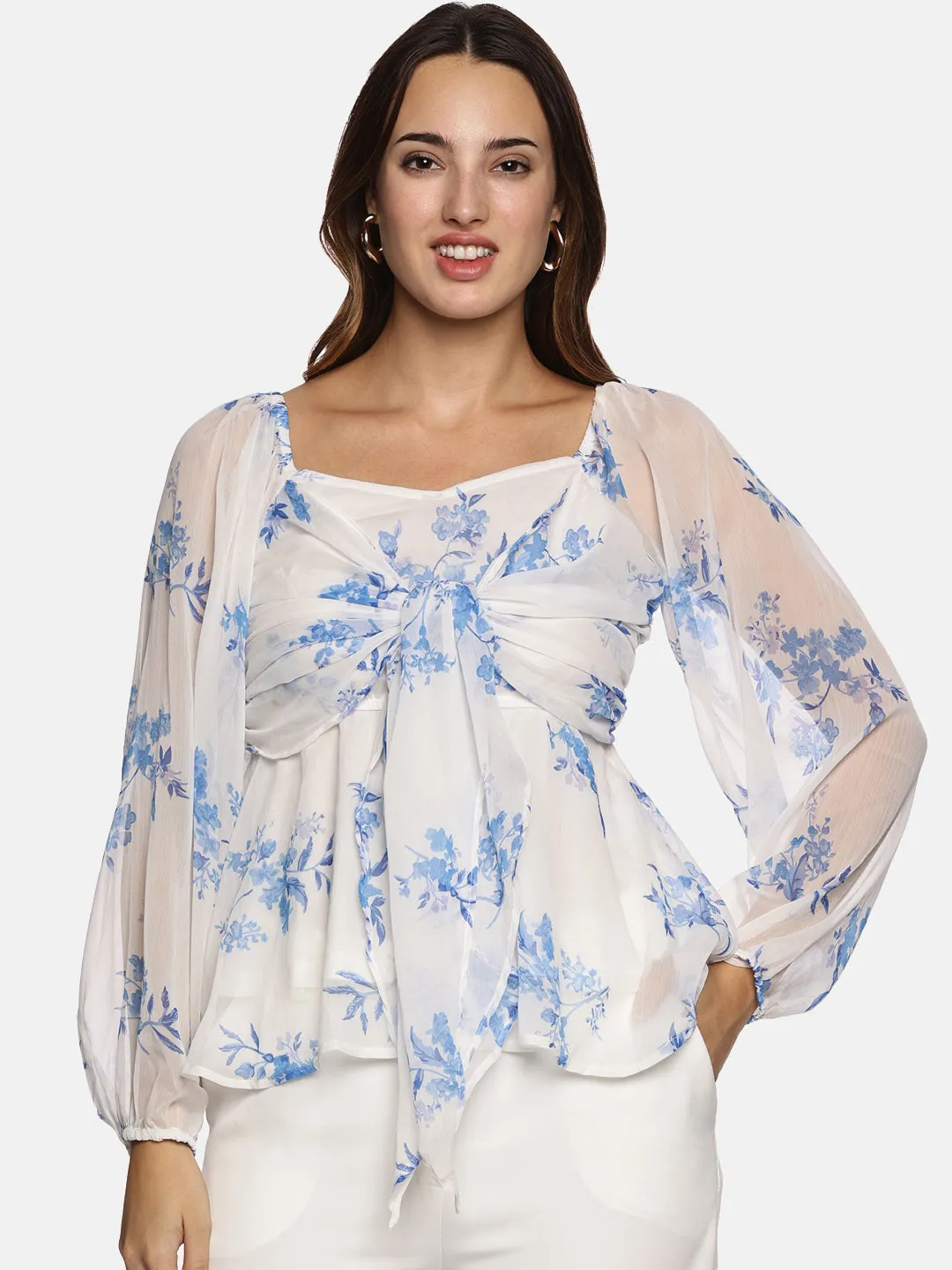 IS.U Floral White Front Tie Knot Peplum Top