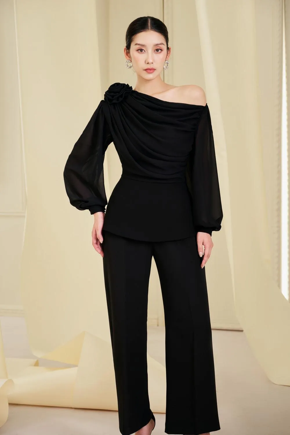 Lainey Peplum Bishop Sleeved Chiffon Top