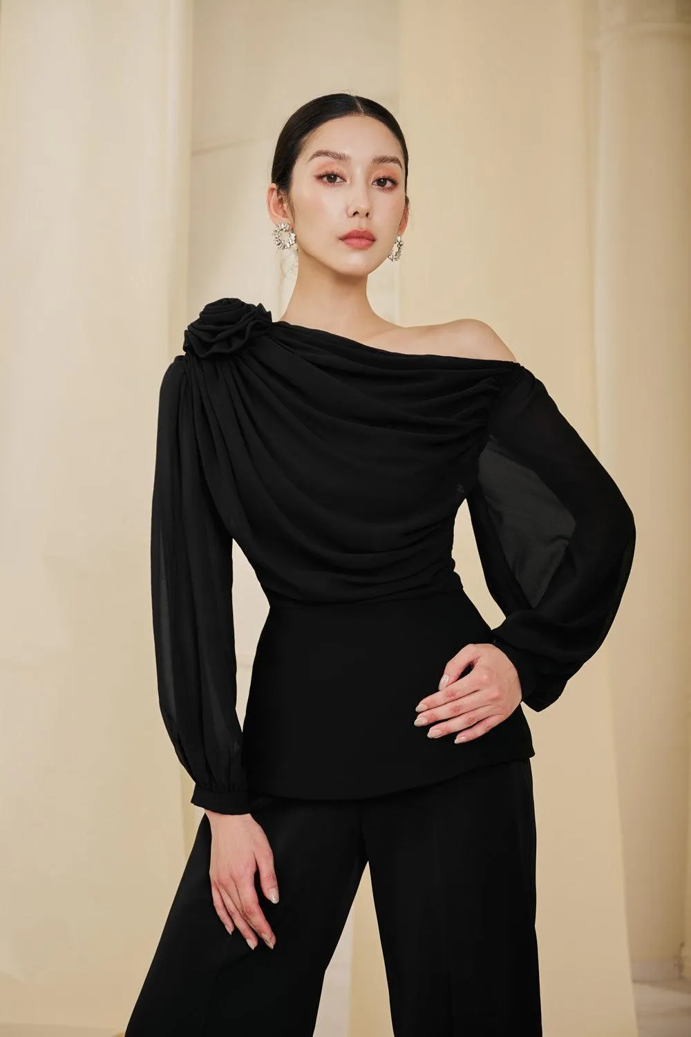 Lainey Peplum Bishop Sleeved Chiffon Top