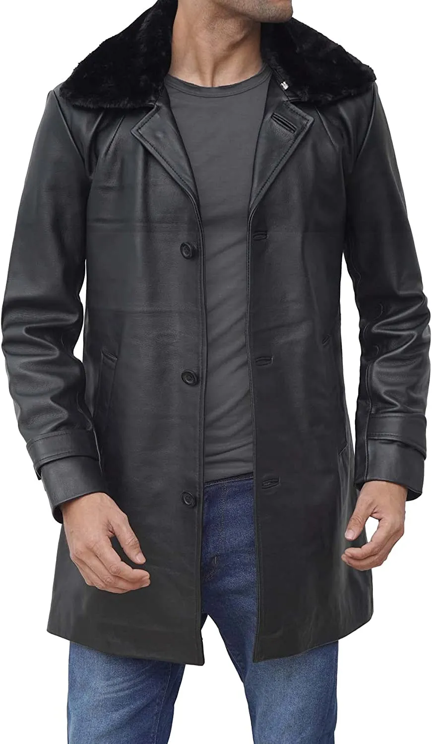 Lambskin Mens Leather Sherpa Coat Faux Shearling Collar