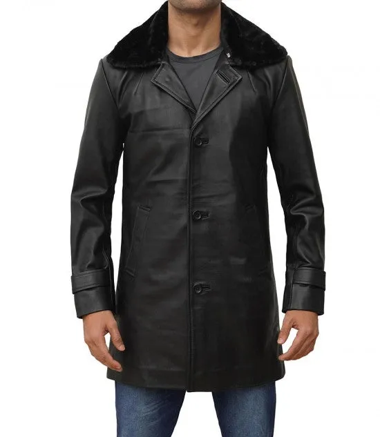 Lambskin Mens Leather Sherpa Coat Faux Shearling Collar