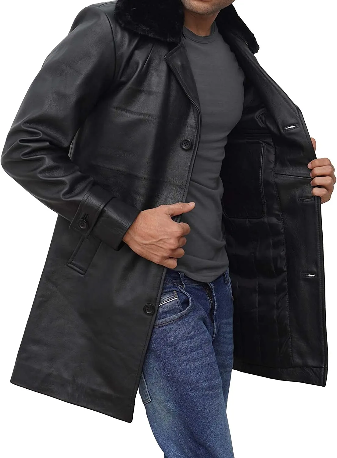 Lambskin Mens Leather Sherpa Coat Faux Shearling Collar