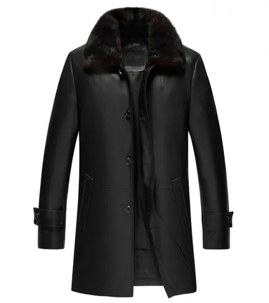Lambskin Mens Leather Sherpa Coat Faux Shearling Collar