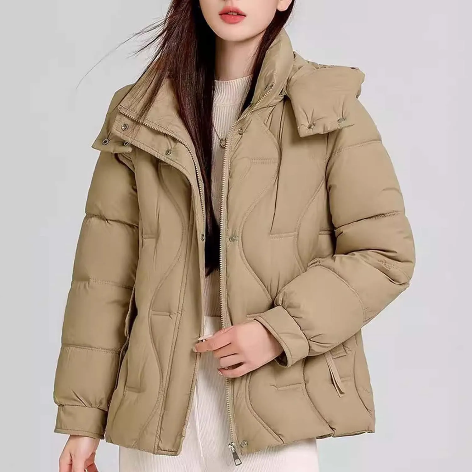Lightweight Puffer Jacket Women Hooded Down Jacket Quilted Insulated Jacket Long Sleeve Winter Coat with Pockets