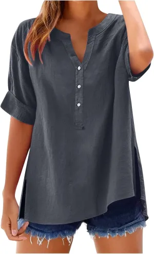 Linen Tops for Women 2025 Summer Button Down V Neck Shirts Casual Short Sleeve Loose Tshirt Cotton Linen Blouse Tees