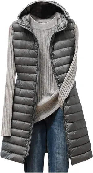 Long Winter Puffer Vest Coat for Women Lightweight Quilted down Vest Hooded Warm Outerwear Sleeveless Puffer Jackets