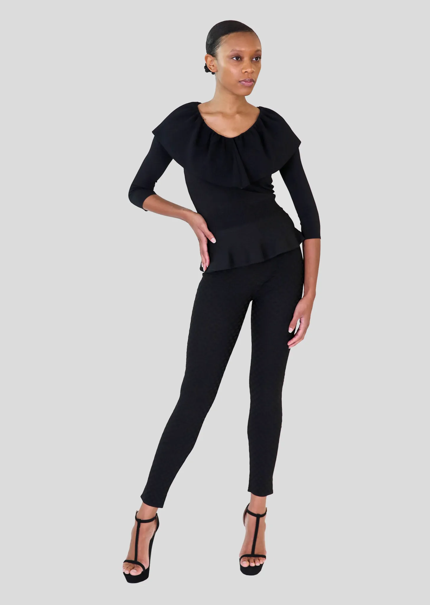 Loraina - Milano Knit Ruffle Neckline Peplum Top