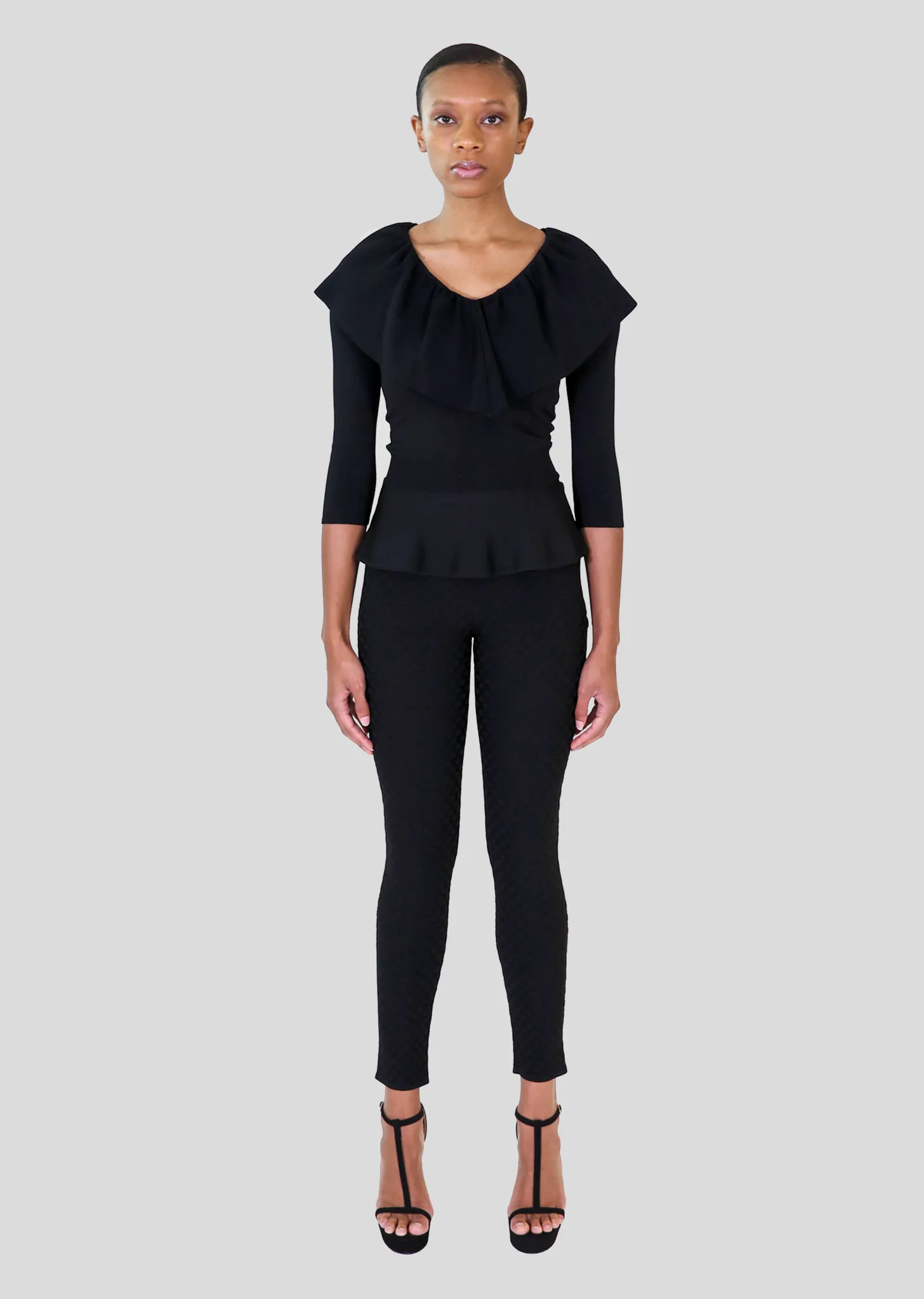 Loraina - Milano Knit Ruffle Neckline Peplum Top