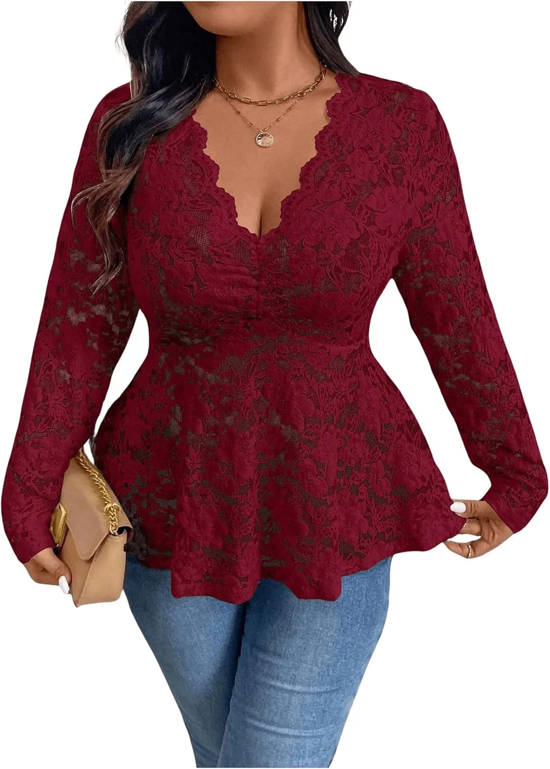 MakeMeChic Women's Plus Size Blouse Floral Lace V Neck Long Sleeve Babydoll Peplum Tops