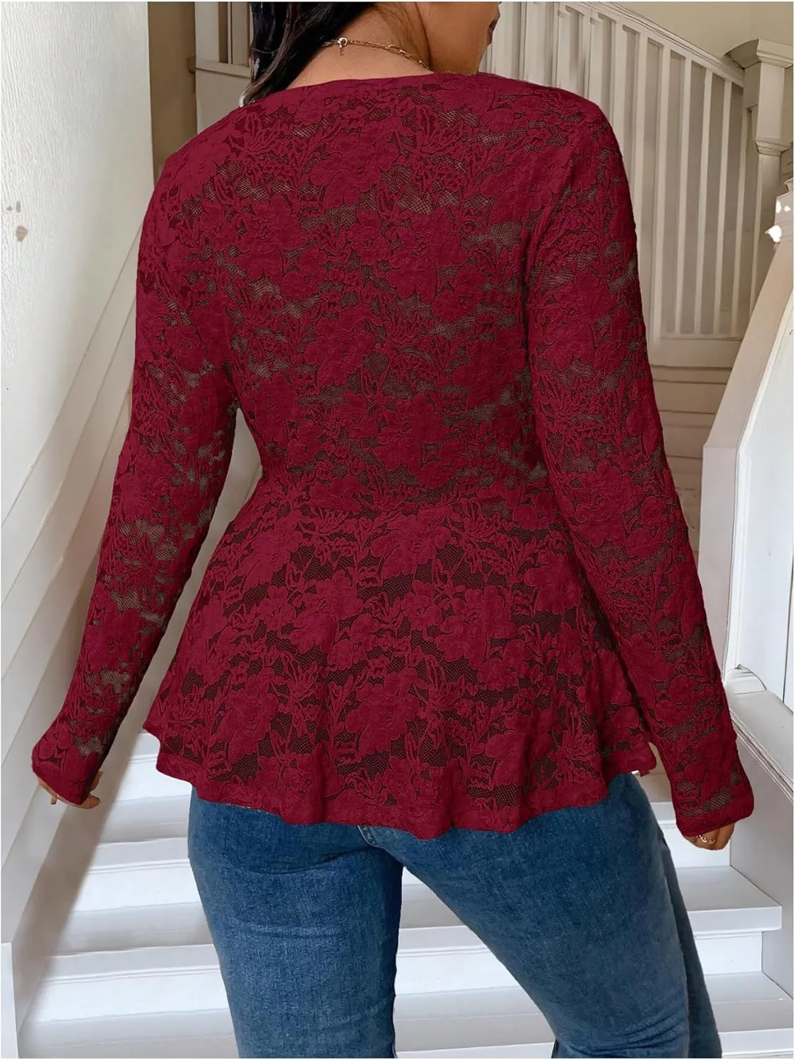 MakeMeChic Women's Plus Size Blouse Floral Lace V Neck Long Sleeve Babydoll Peplum Tops