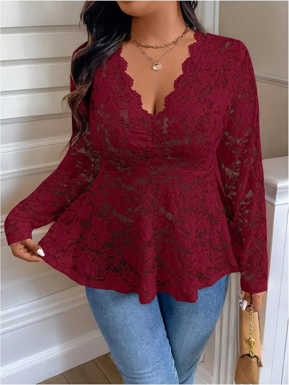 MakeMeChic Women's Plus Size Blouse Floral Lace V Neck Long Sleeve Babydoll Peplum Tops