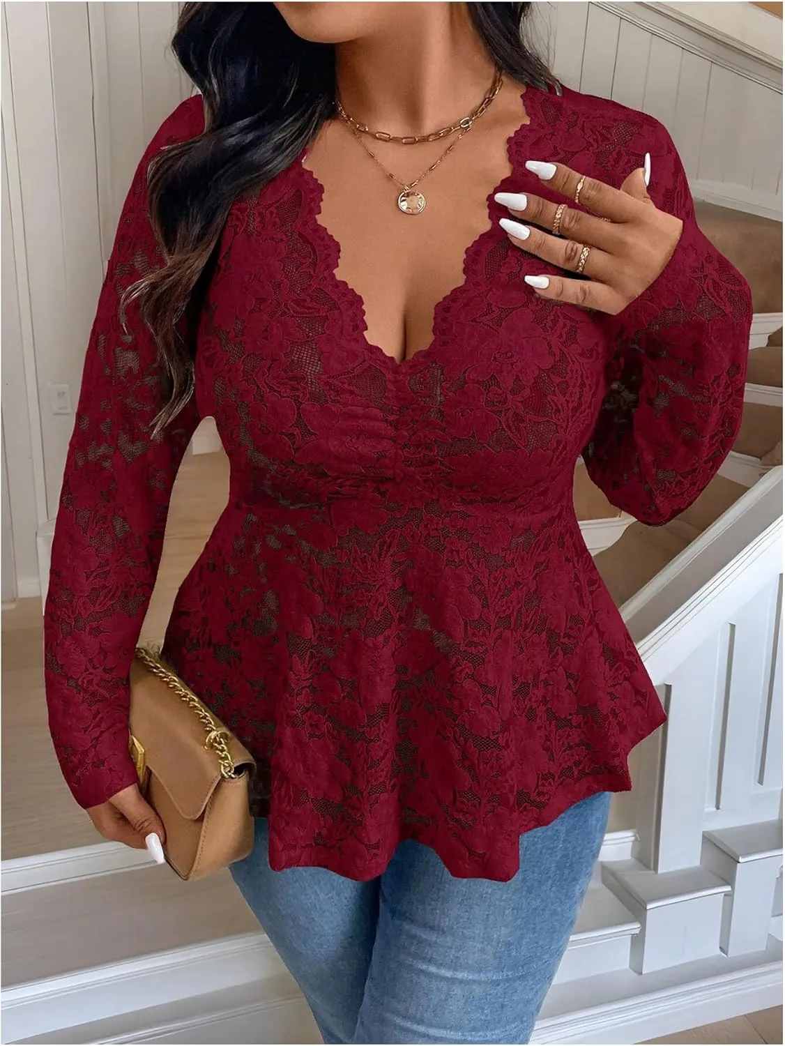 MakeMeChic Women's Plus Size Blouse Floral Lace V Neck Long Sleeve Babydoll Peplum Tops