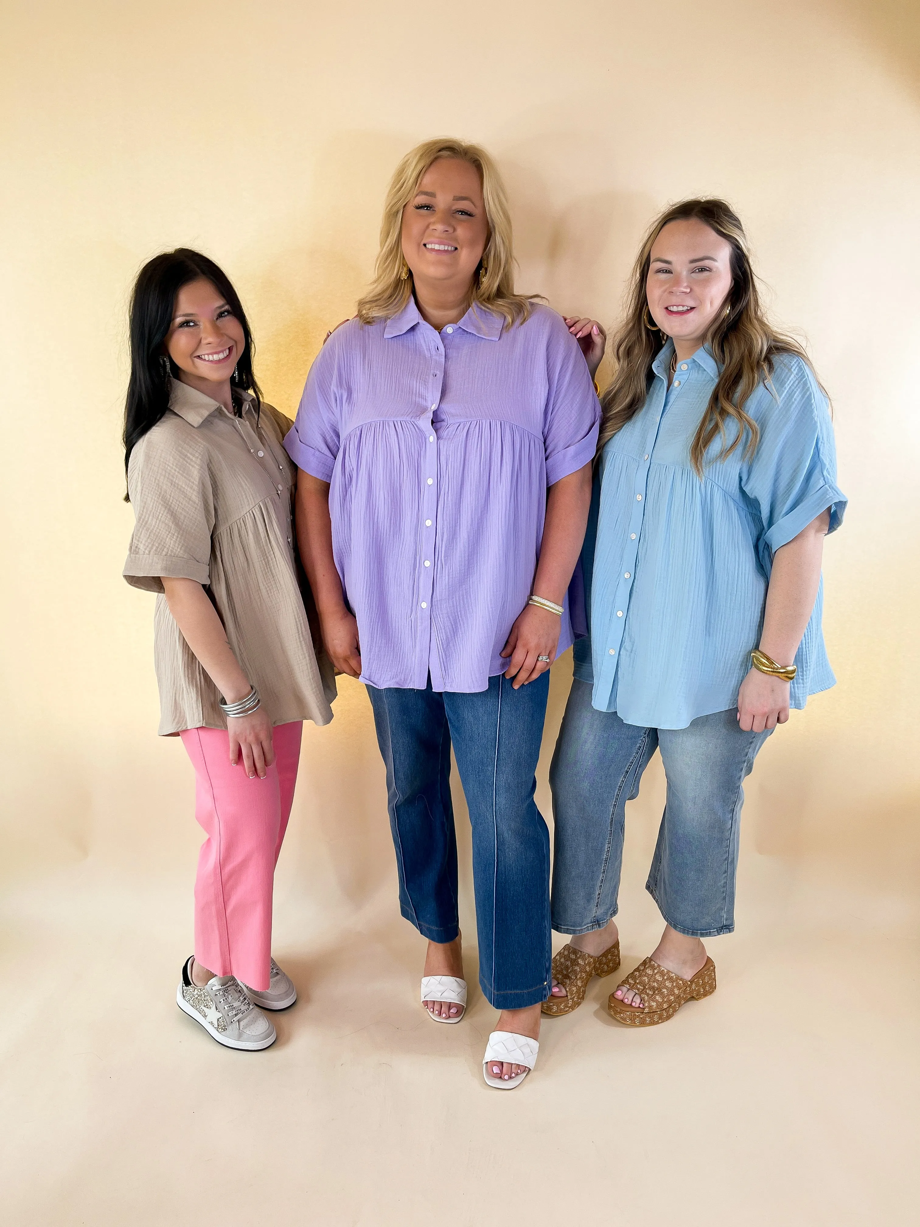 Mellow Mood Collared Button Up Babydoll Top in Lavender Purple