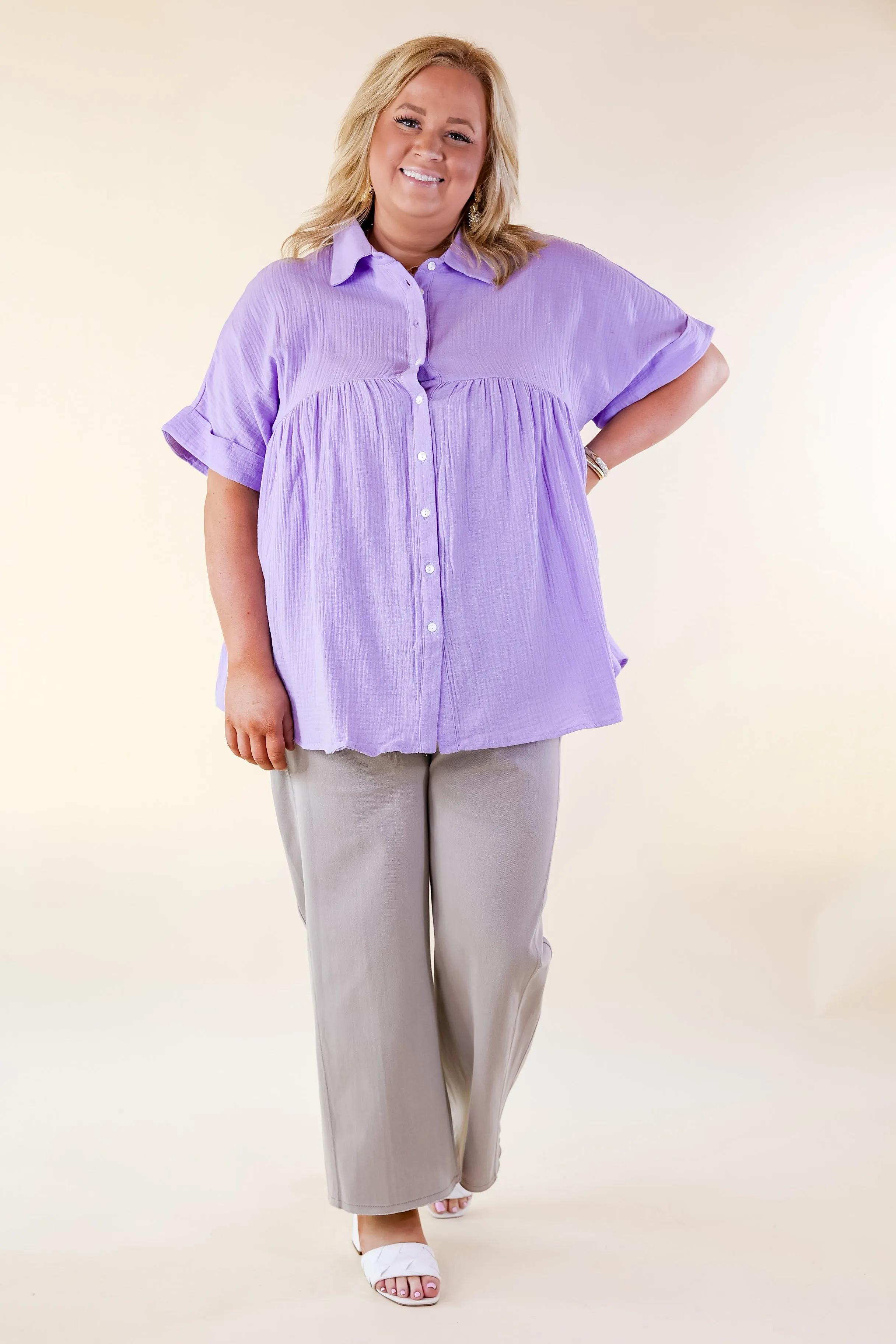 Mellow Mood Collared Button Up Babydoll Top in Lavender Purple