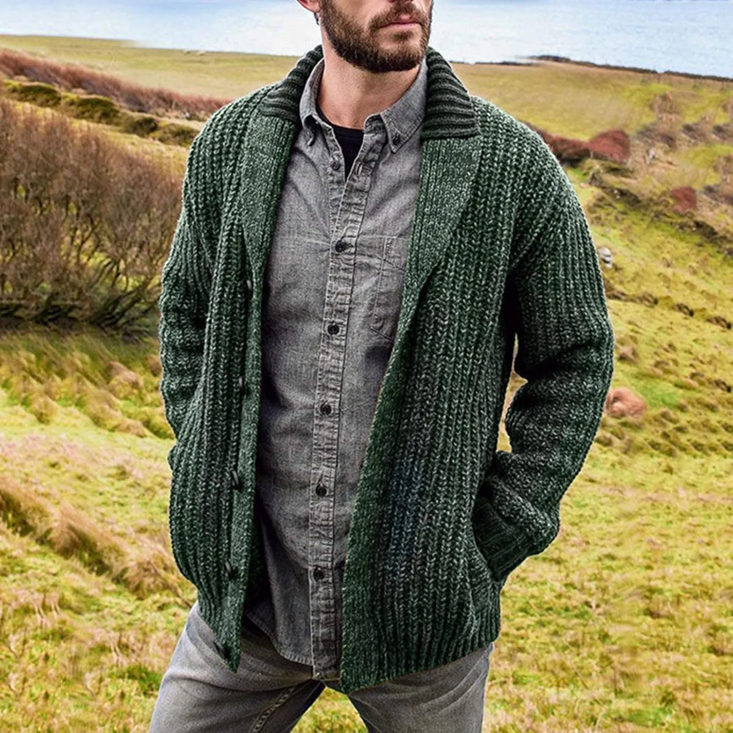 Mens Cable Knit Cardigan Sweater Shawl Collar Knit Blazer Jackets Button Down Fall Winter Faux Wool Chunky Sweaters