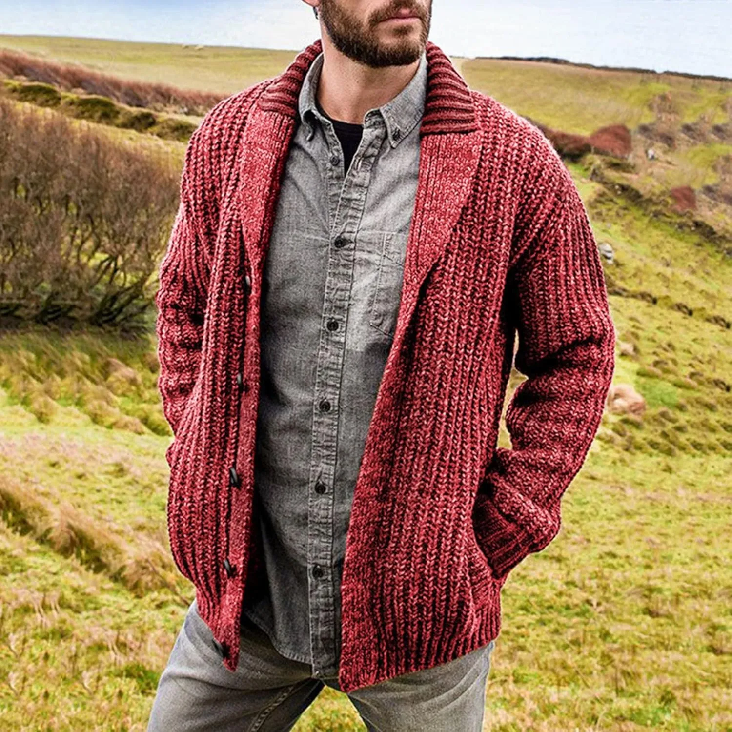 Mens Cable Knit Cardigan Sweater Shawl Collar Knit Blazer Jackets Button Down Fall Winter Faux Wool Chunky Sweaters