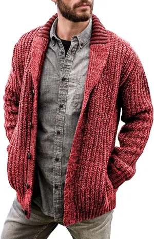 Mens Cable Knit Cardigan Sweater Shawl Collar Knit Blazer Jackets Button Down Fall Winter Faux Wool Chunky Sweaters