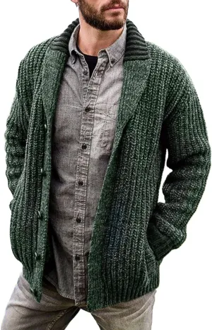 Mens Cable Knit Cardigan Sweater Shawl Collar Knit Blazer Jackets Button Down Fall Winter Faux Wool Chunky Sweaters