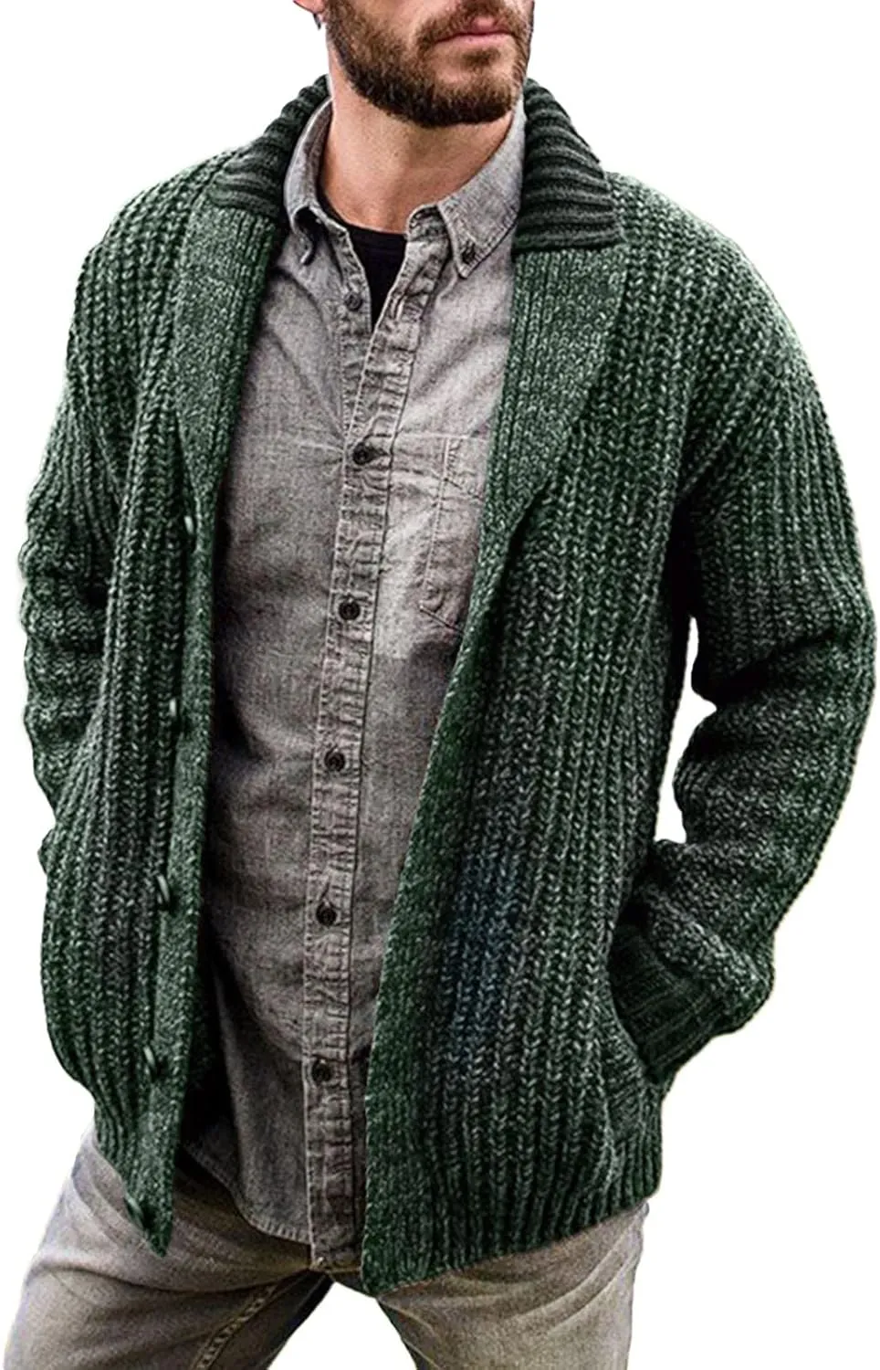 Mens Cable Knit Cardigan Sweater Shawl Collar Knit Blazer Jackets Button Down Fall Winter Faux Wool Chunky Sweaters
