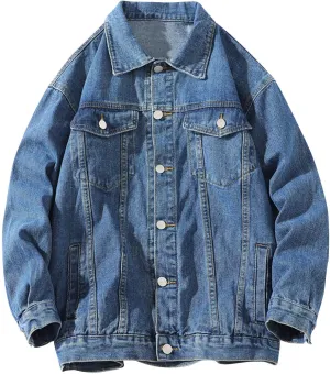 Mens Casual Stylish Denim Jackets Button Down Lapel Long Sleeve Jean Jacket Loose Antique Washed Trucker Coats