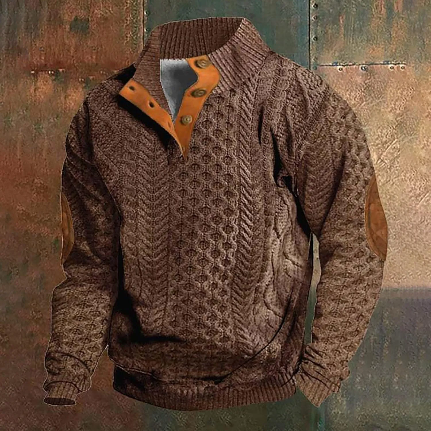 Mens Casual Twist Pattern Pullover Sweatshirts Long Sleeve Cable Knit Sweater Stand Collar Button Up Thermal Pullover